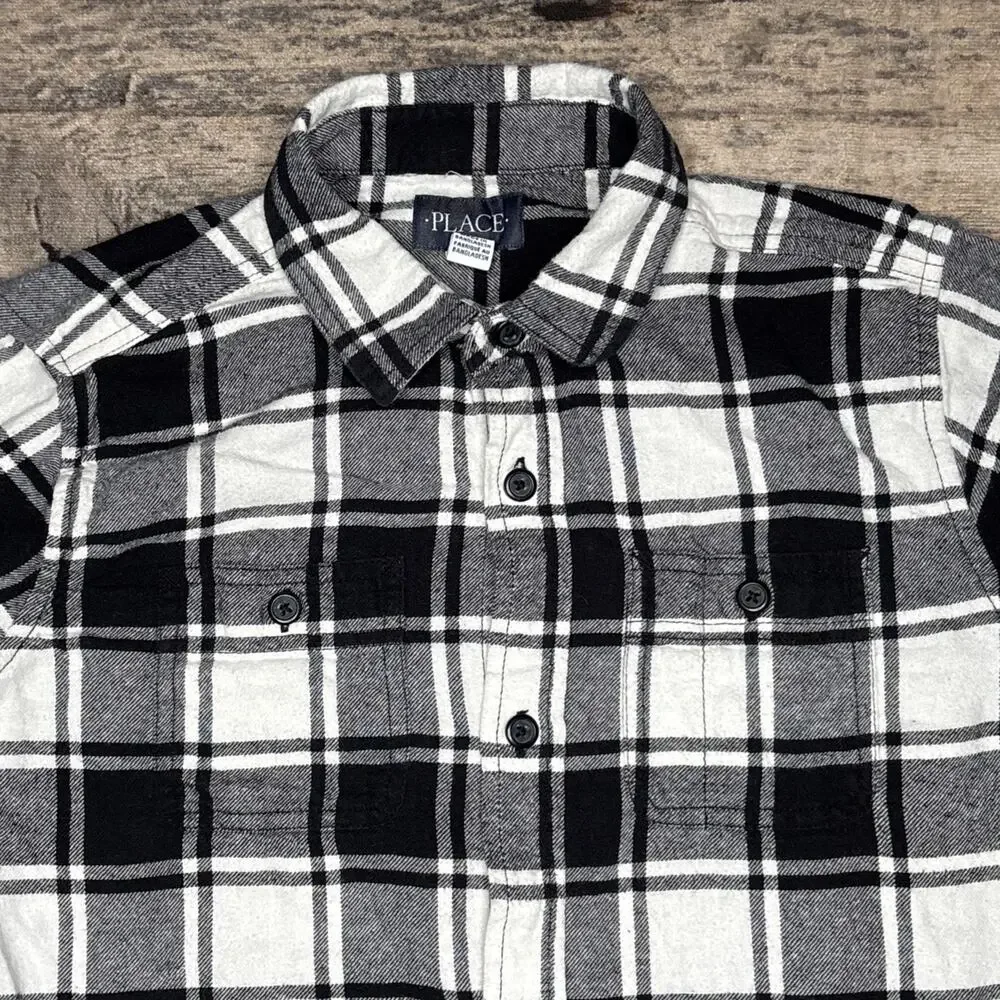 Place Black White Plaid Flannel Long Sleeve Button Up Shirt Boys XL